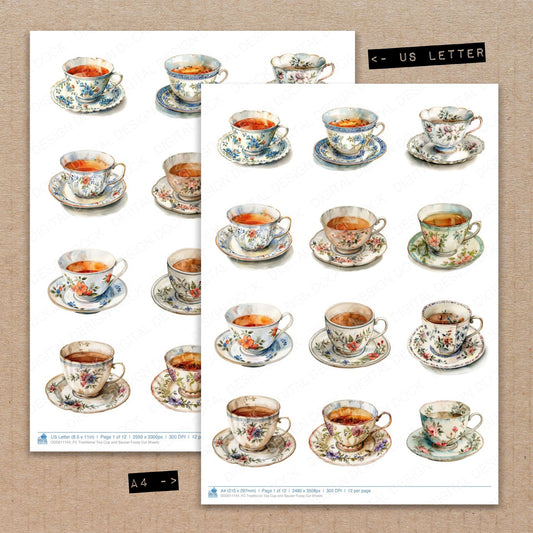 A4 and US Letter format comparison showing Traditional Tea Cup and Saucer fussy cut pages for print and cut crafting
