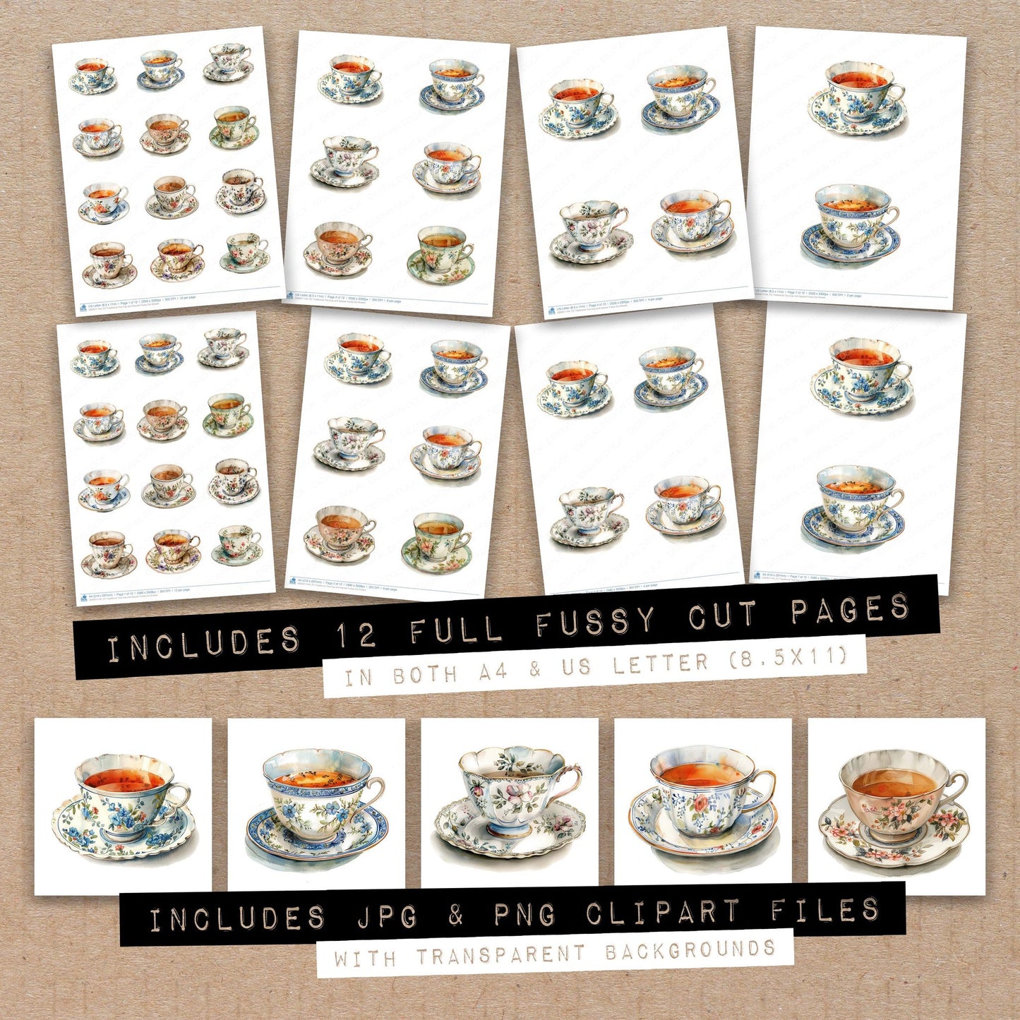 Full collection view of Traditional Tea Cup and Saucer fussy cut sheets with bonus clipart JPG and PNG files