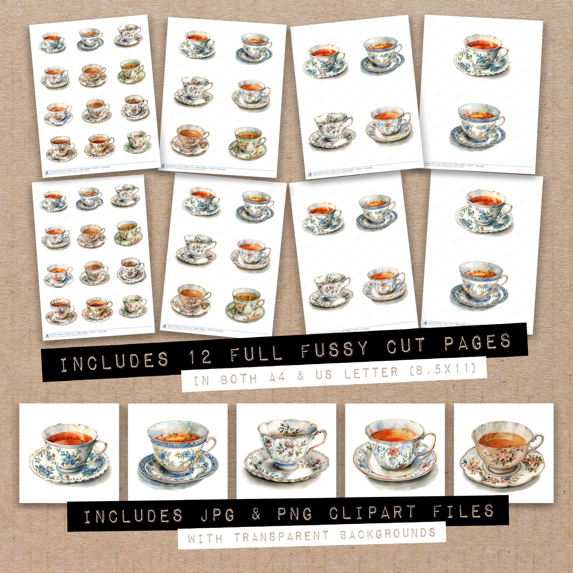 Full collection view of Traditional Tea Cup and Saucer fussy cut sheets with bonus clipart JPG and PNG files