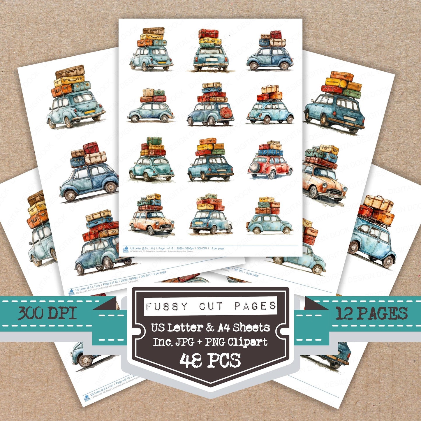 Travel Car Loaded with Suitcases fussy cut printable sheets for junk journaling, scrapbooking, and paper craft projects