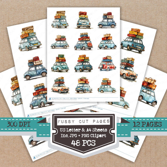 Travel Car Loaded with Suitcases fussy cut printable sheets for junk journaling, scrapbooking, and paper craft projects