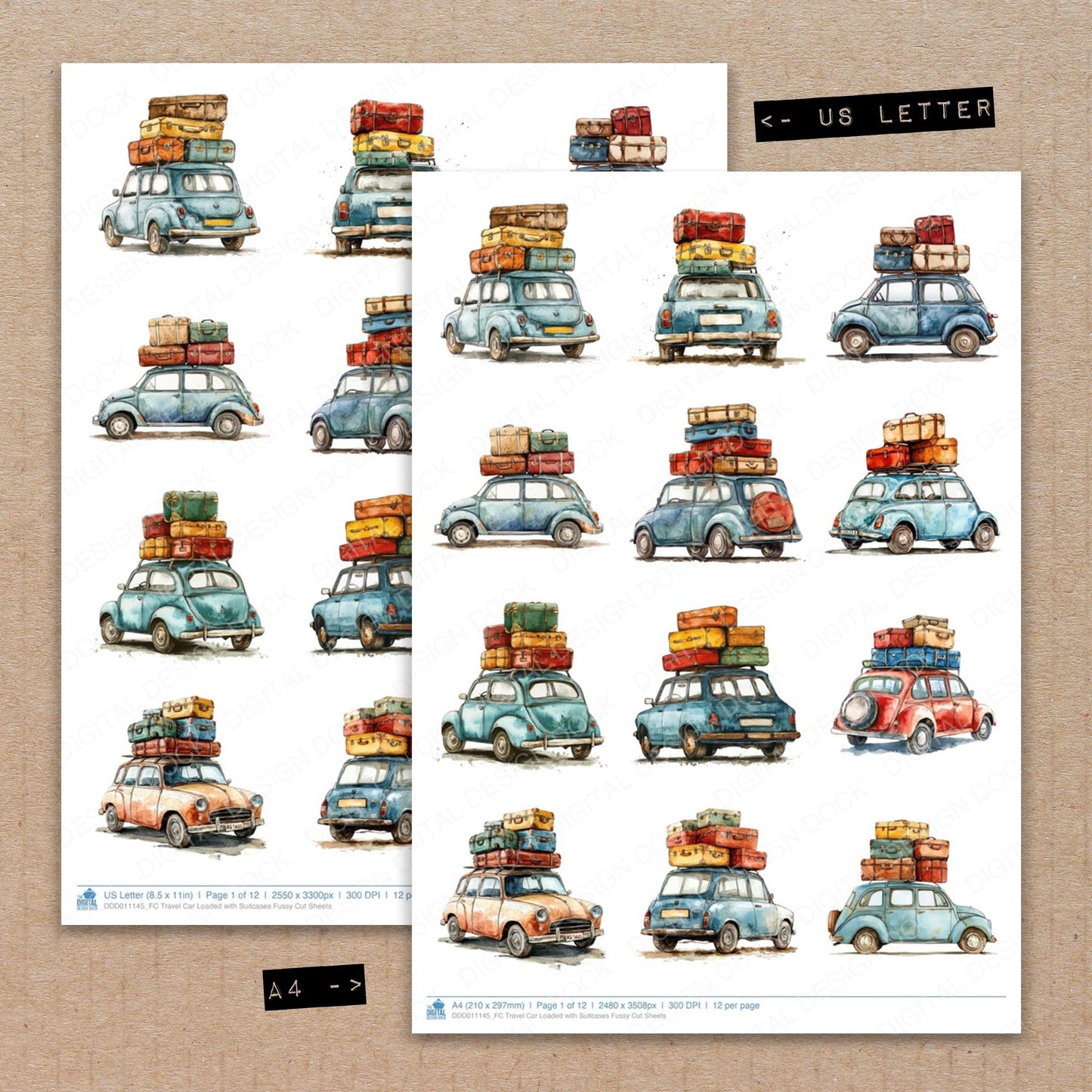 A4 and US Letter format comparison showing Travel Car Loaded with Suitcases fussy cut pages for print and cut crafting