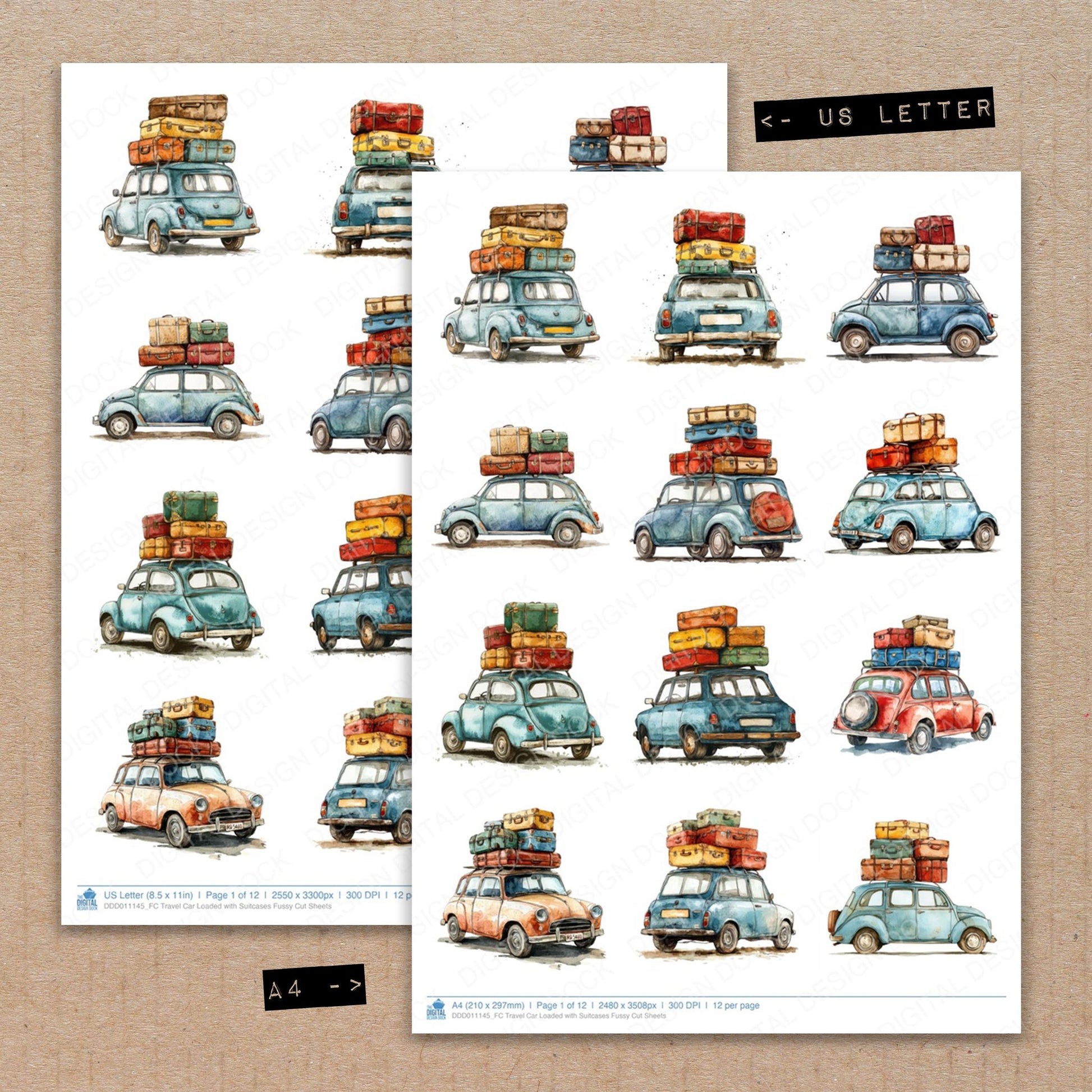 A4 and US Letter format comparison showing Travel Car Loaded with Suitcases fussy cut pages for print and cut crafting