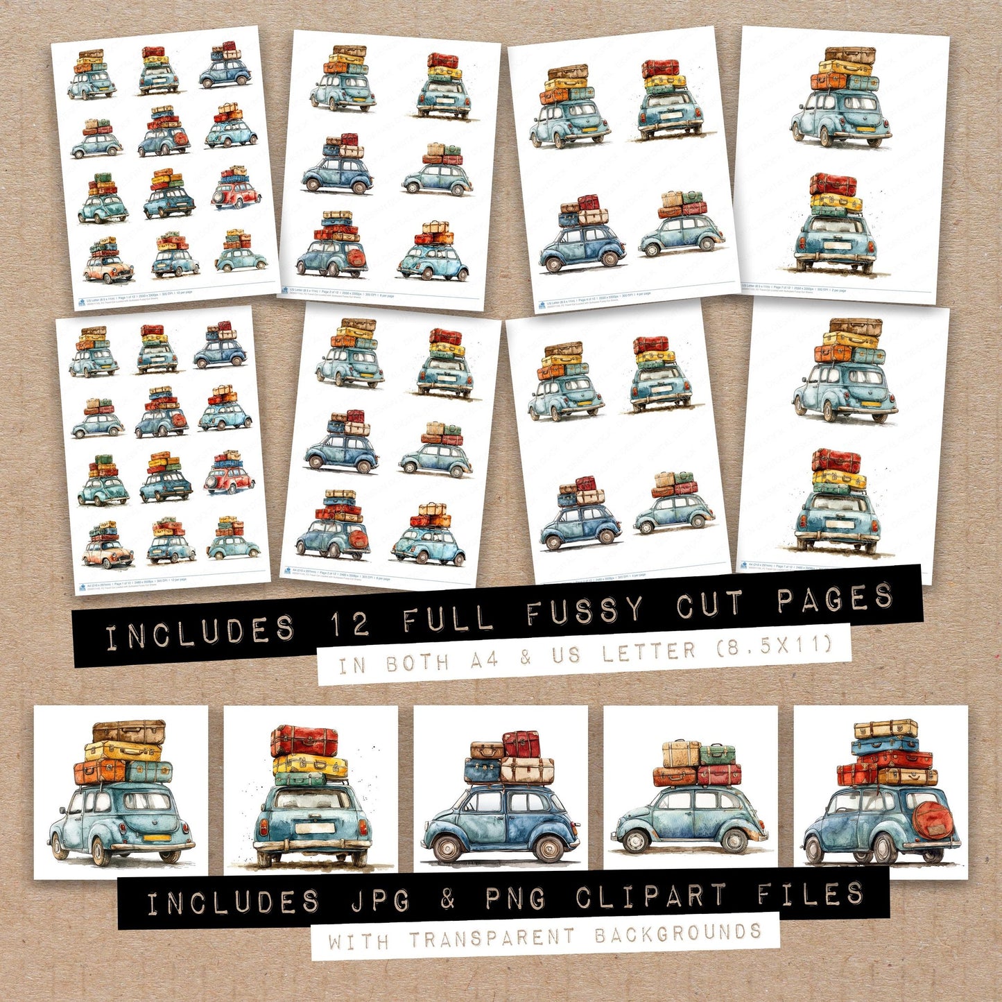 Full collection view of Travel Car Loaded with Suitcases fussy cut sheets with bonus clipart JPG and PNG files