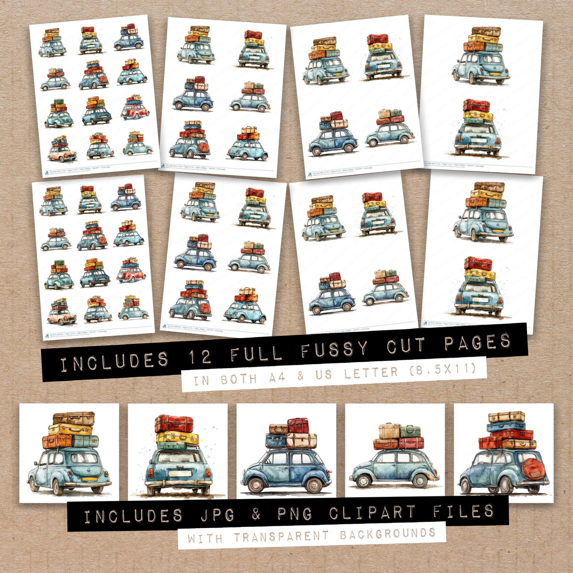 Full collection view of Travel Car Loaded with Suitcases fussy cut sheets with bonus clipart JPG and PNG files