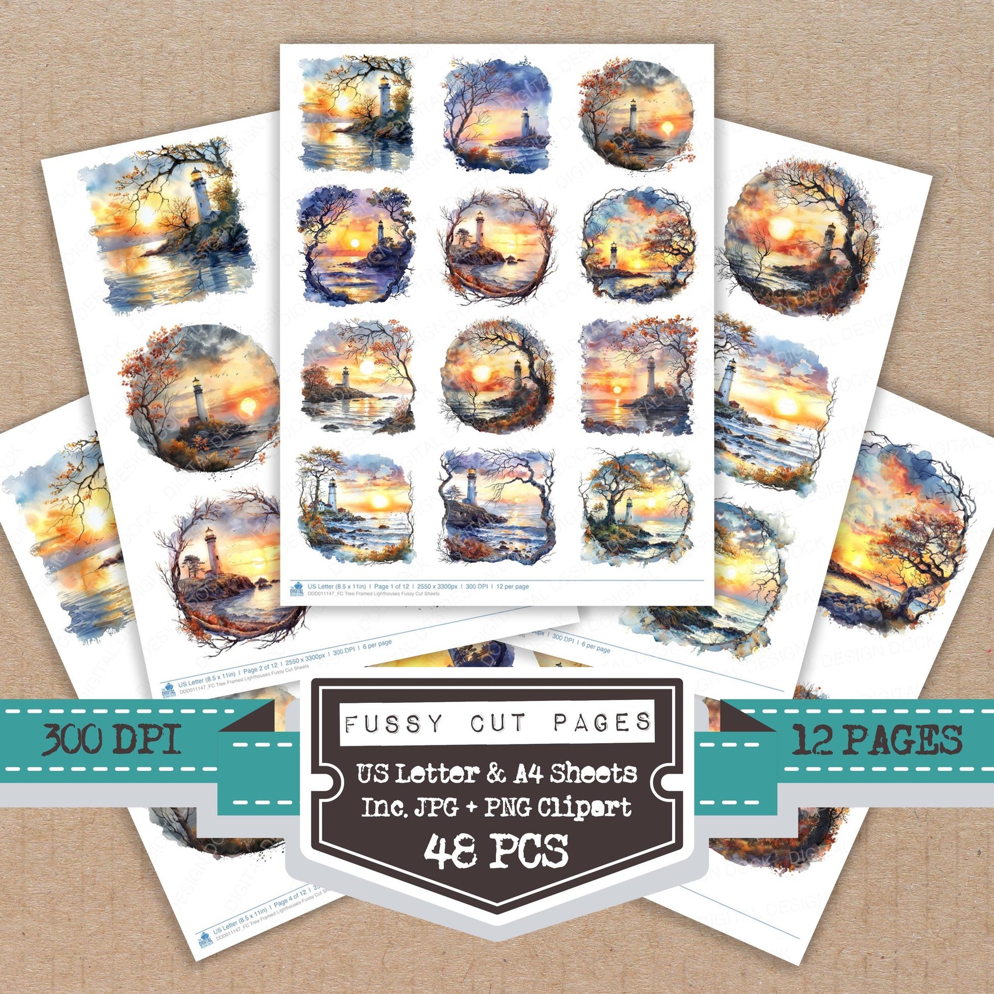 Tree Framed Lighthouses fussy cut printable sheets for junk journaling, scrapbooking, and paper craft projects