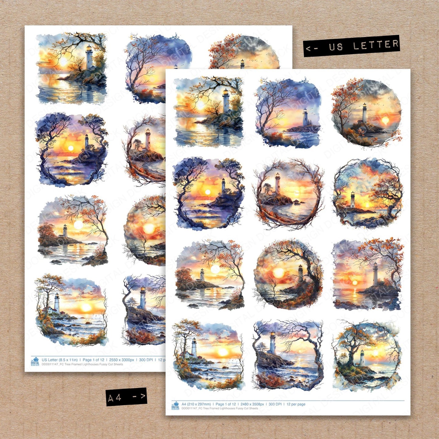 A4 and US Letter format comparison showing Tree Framed Lighthouses fussy cut pages for print and cut crafting