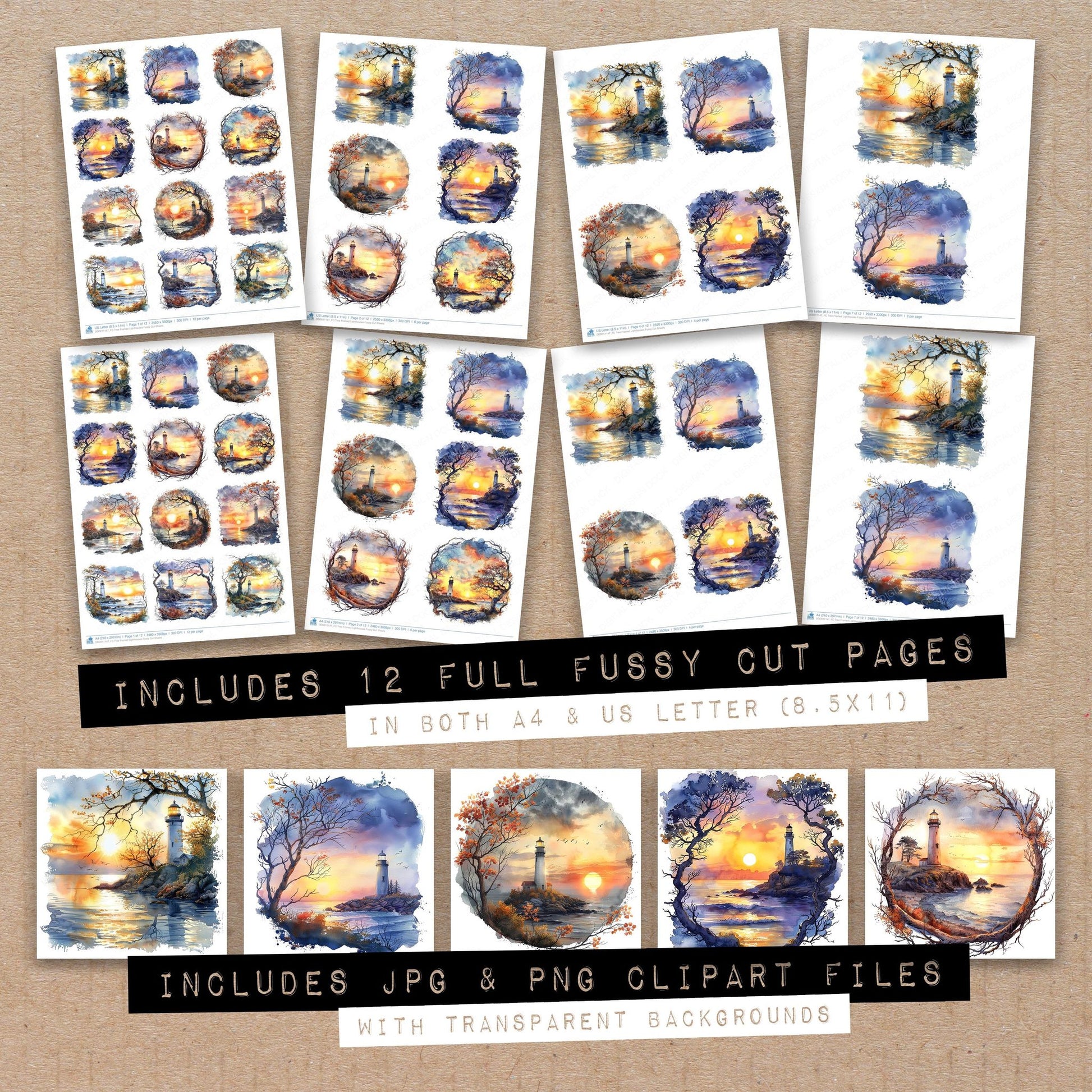 Full collection view of Tree Framed Lighthouses fussy cut sheets with bonus clipart JPG and PNG files