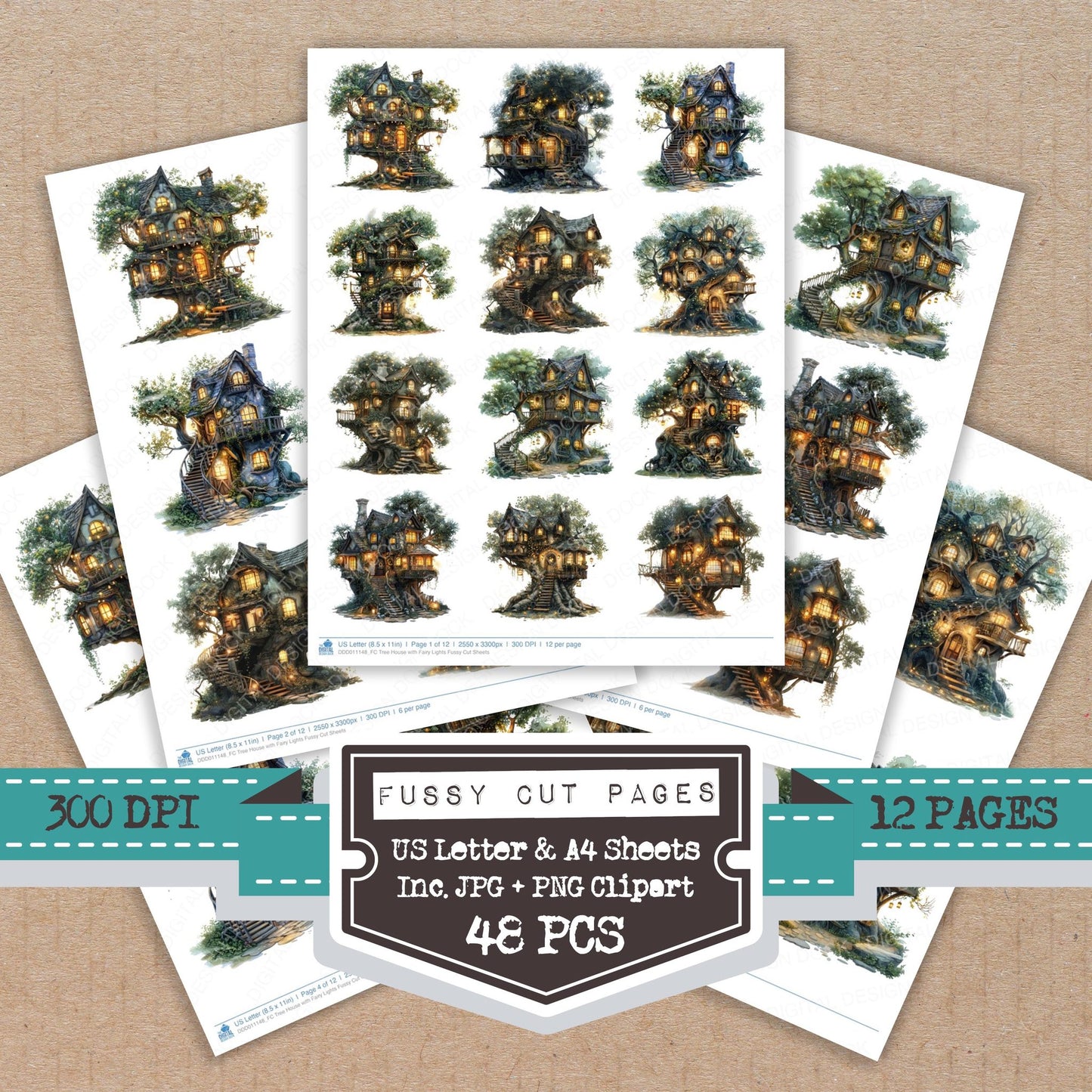 Tree House with Fairy Lights fussy cut printable sheets for junk journaling, scrapbooking, and paper craft projects