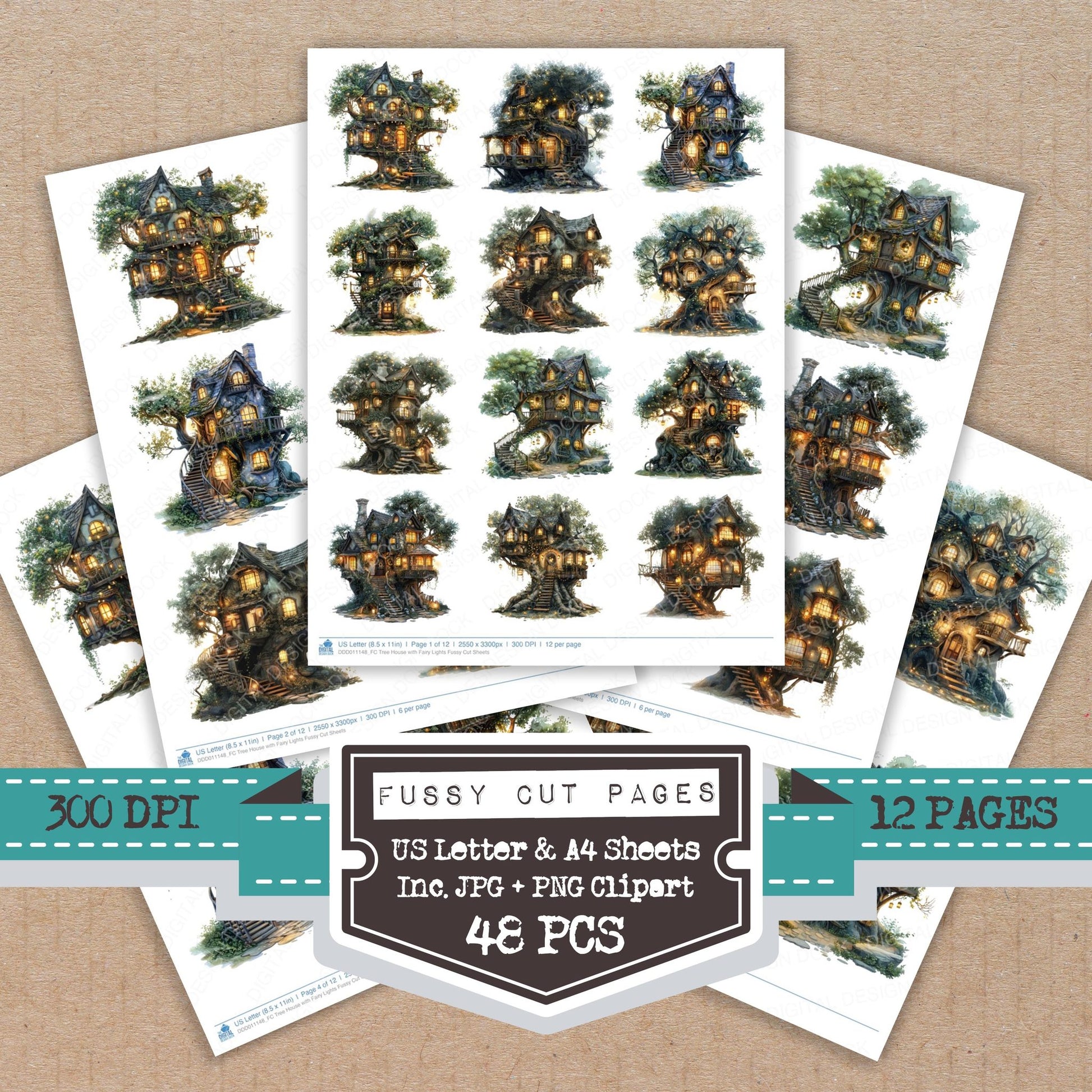 Tree House with Fairy Lights fussy cut printable sheets for junk journaling, scrapbooking, and paper craft projects