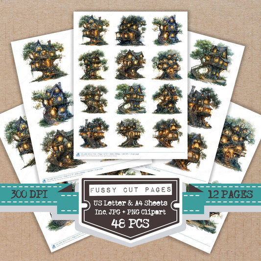 Tree House with Fairy Lights fussy cut printable sheets for junk journaling, scrapbooking, and paper craft projects