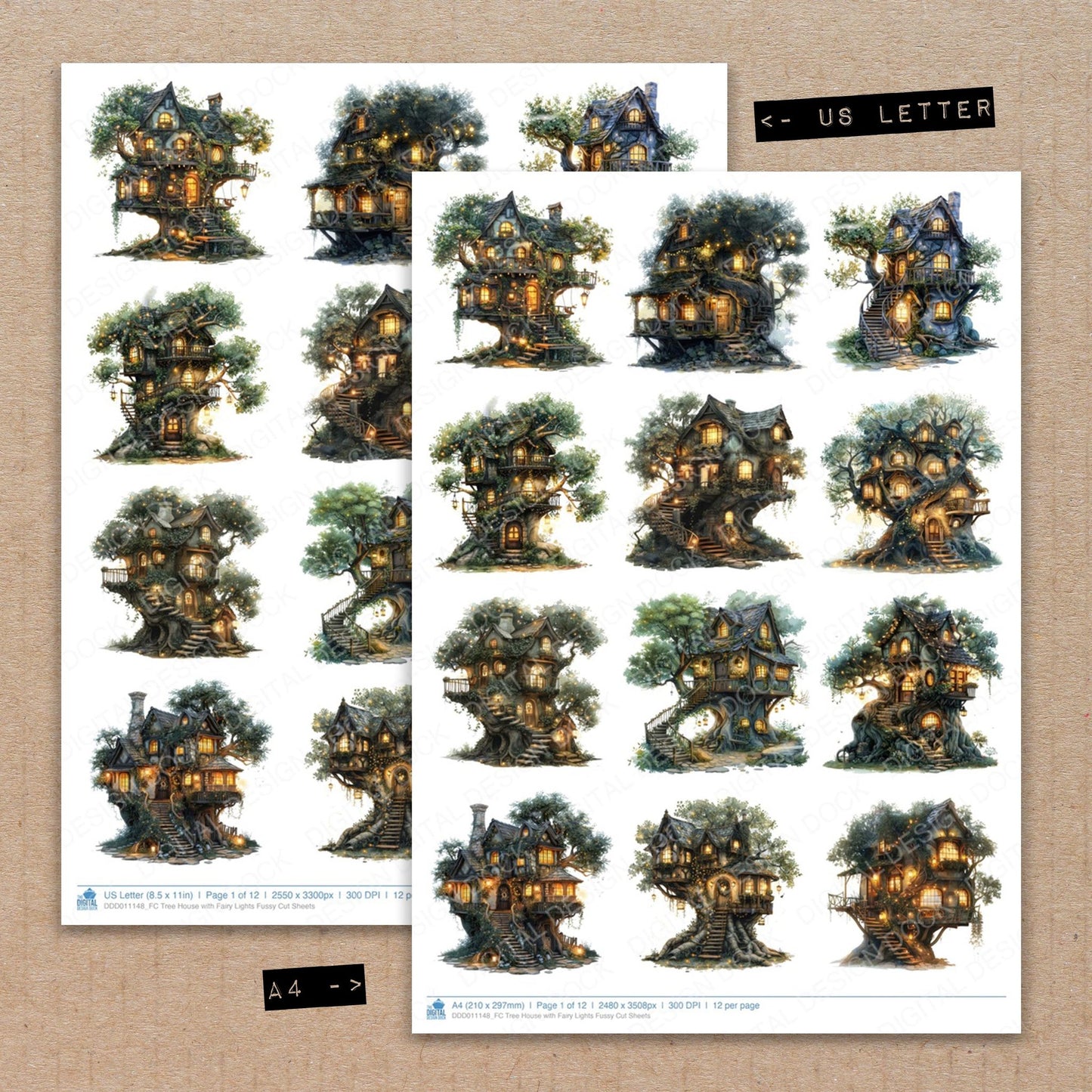 A4 and US Letter format comparison showing Tree House with Fairy Lights fussy cut pages for print and cut crafting