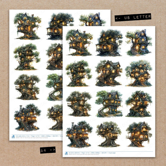 A4 and US Letter format comparison showing Tree House with Fairy Lights fussy cut pages for print and cut crafting