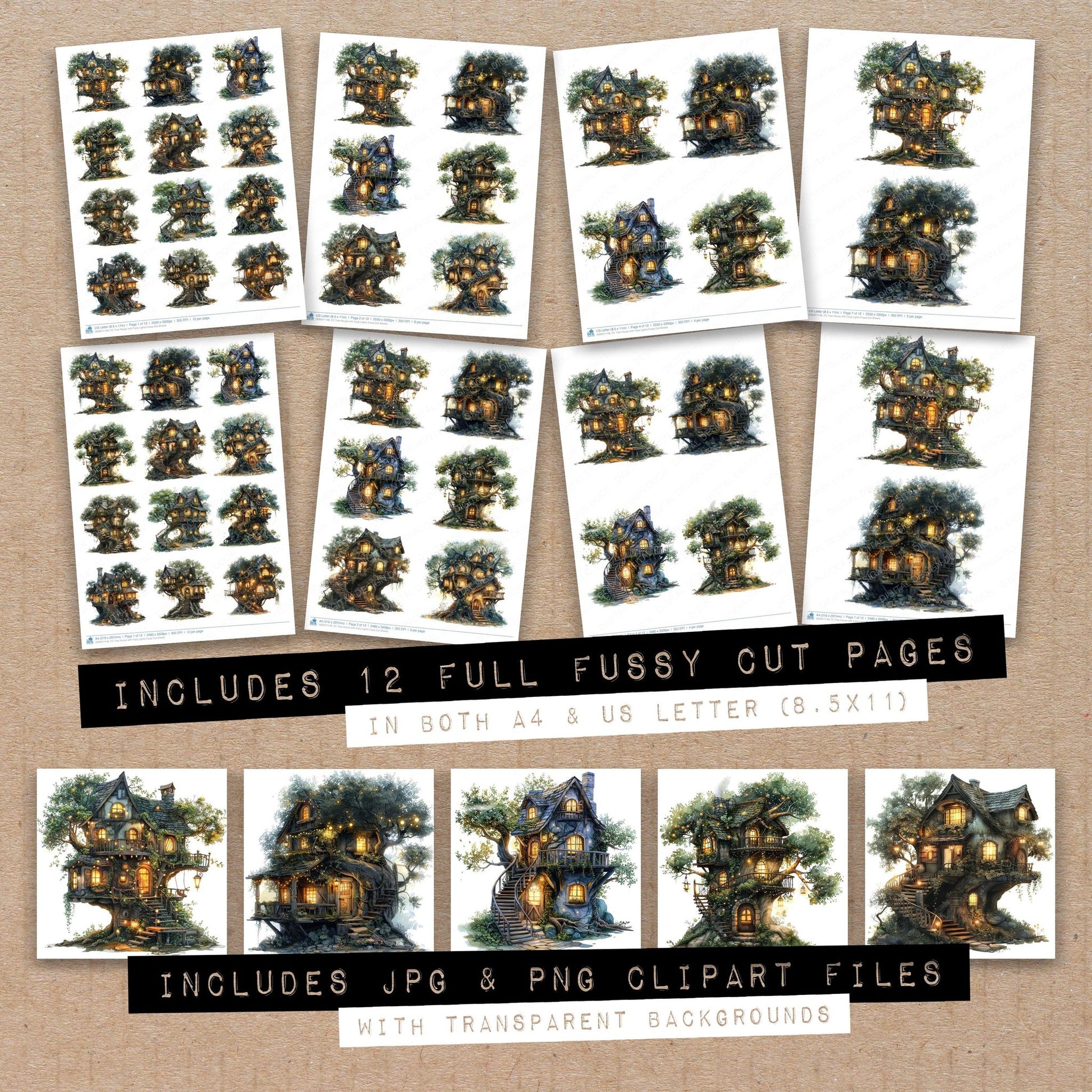 Full collection view of Tree House with Fairy Lights fussy cut sheets with bonus clipart JPG and PNG files
