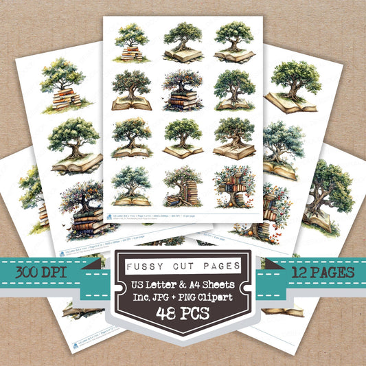 Tree Reading Book fussy cut printable sheets for junk journaling, scrapbooking, and paper craft projects