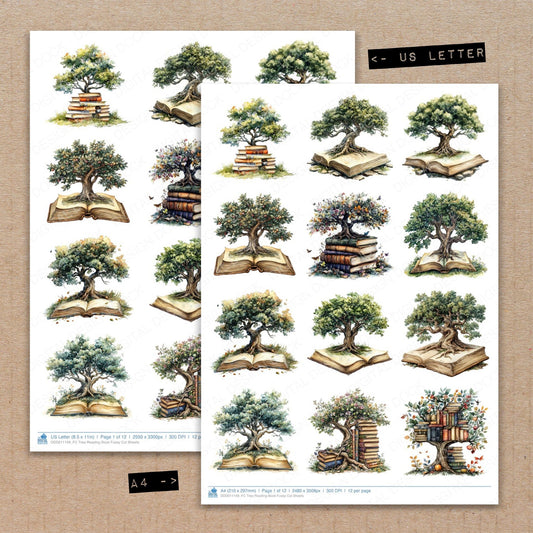 A4 and US Letter format comparison showing Tree Reading Book fussy cut pages for print and cut crafting