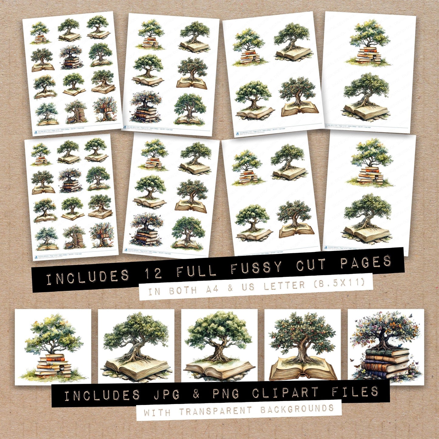 Full collection view of Tree Reading Book fussy cut sheets with bonus clipart JPG and PNG files