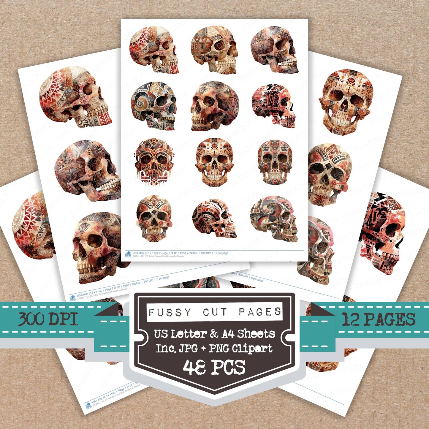 Tribal Painted Skull fussy cut printable sheets for junk journaling, scrapbooking, and paper craft projects
