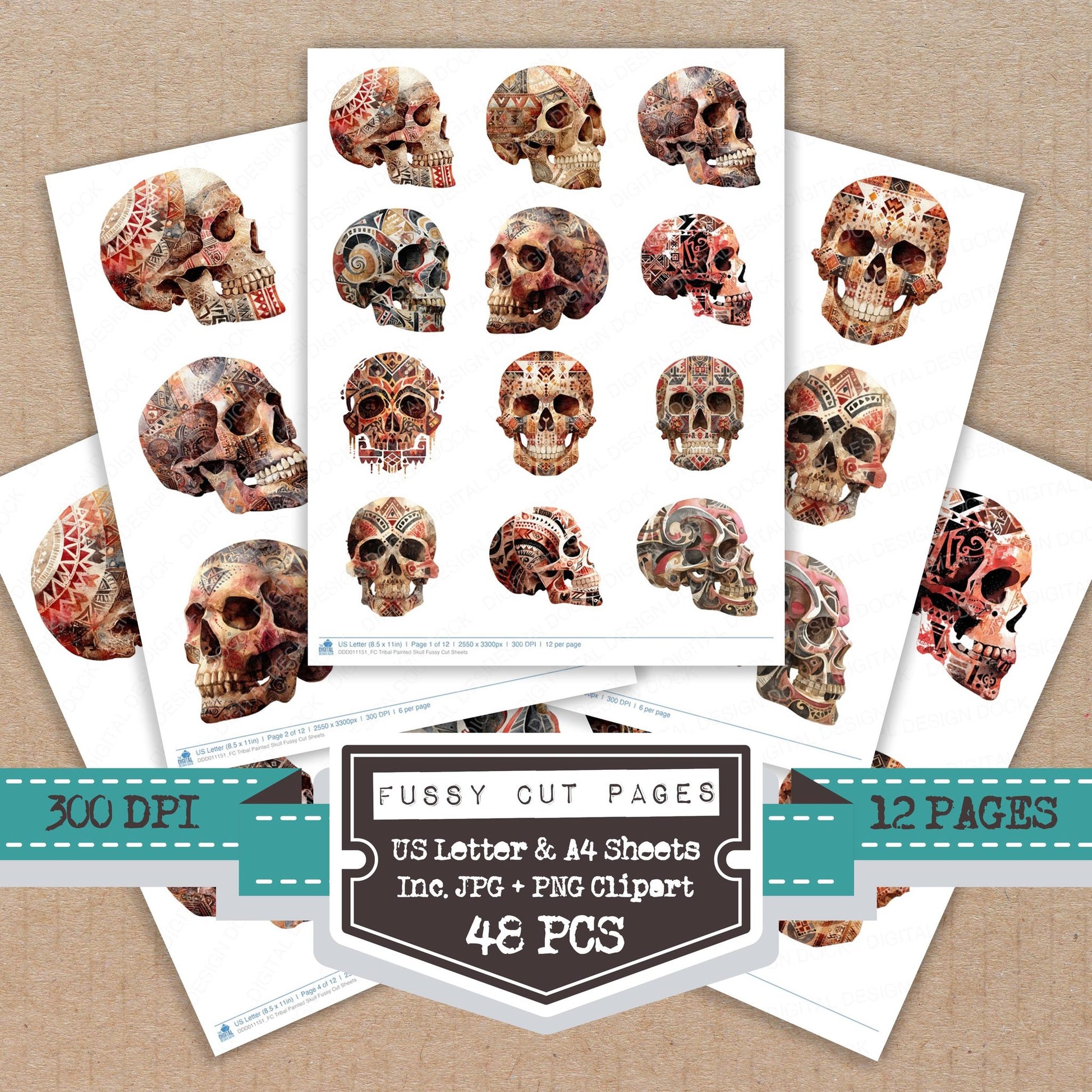 Tribal Painted Skull fussy cut printable sheets for junk journaling, scrapbooking, and paper craft projects
