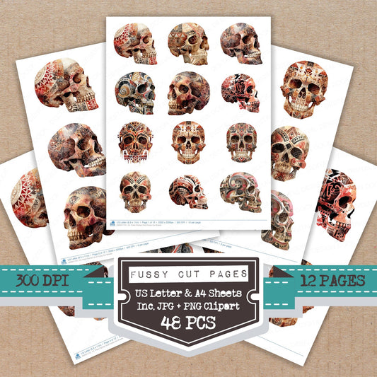 Tribal Painted Skull fussy cut printable sheets for junk journaling, scrapbooking, and paper craft projects