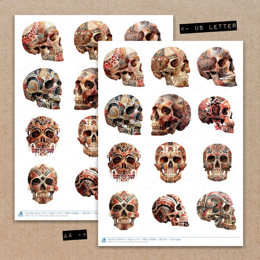 A4 and US Letter format comparison showing Tribal Painted Skull fussy cut pages for print and cut crafting