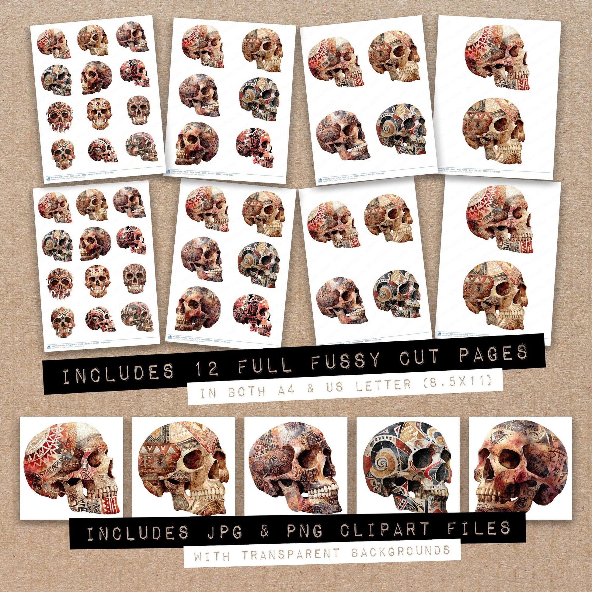 Full collection view of Tribal Painted Skull fussy cut sheets with bonus clipart JPG and PNG files