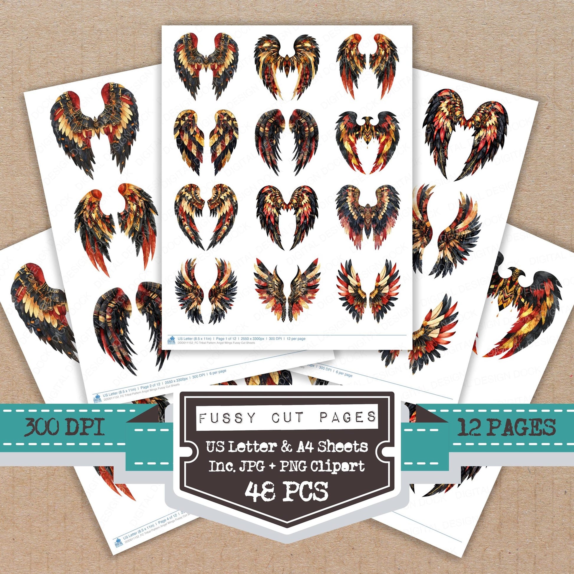 Tribal Pattern Angel Wings fussy cut printable sheets for junk journaling, scrapbooking, and paper craft projects