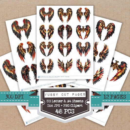 Tribal Pattern Angel Wings fussy cut printable sheets for junk journaling, scrapbooking, and paper craft projects