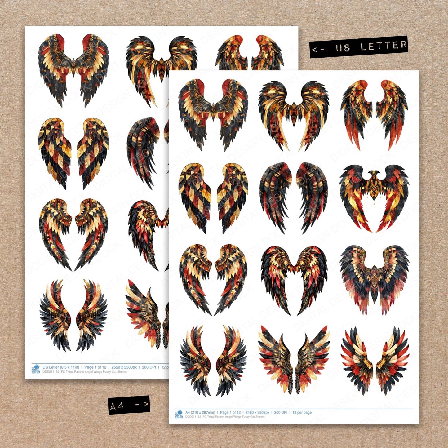 A4 and US Letter format comparison showing Tribal Pattern Angel Wings fussy cut pages for print and cut crafting