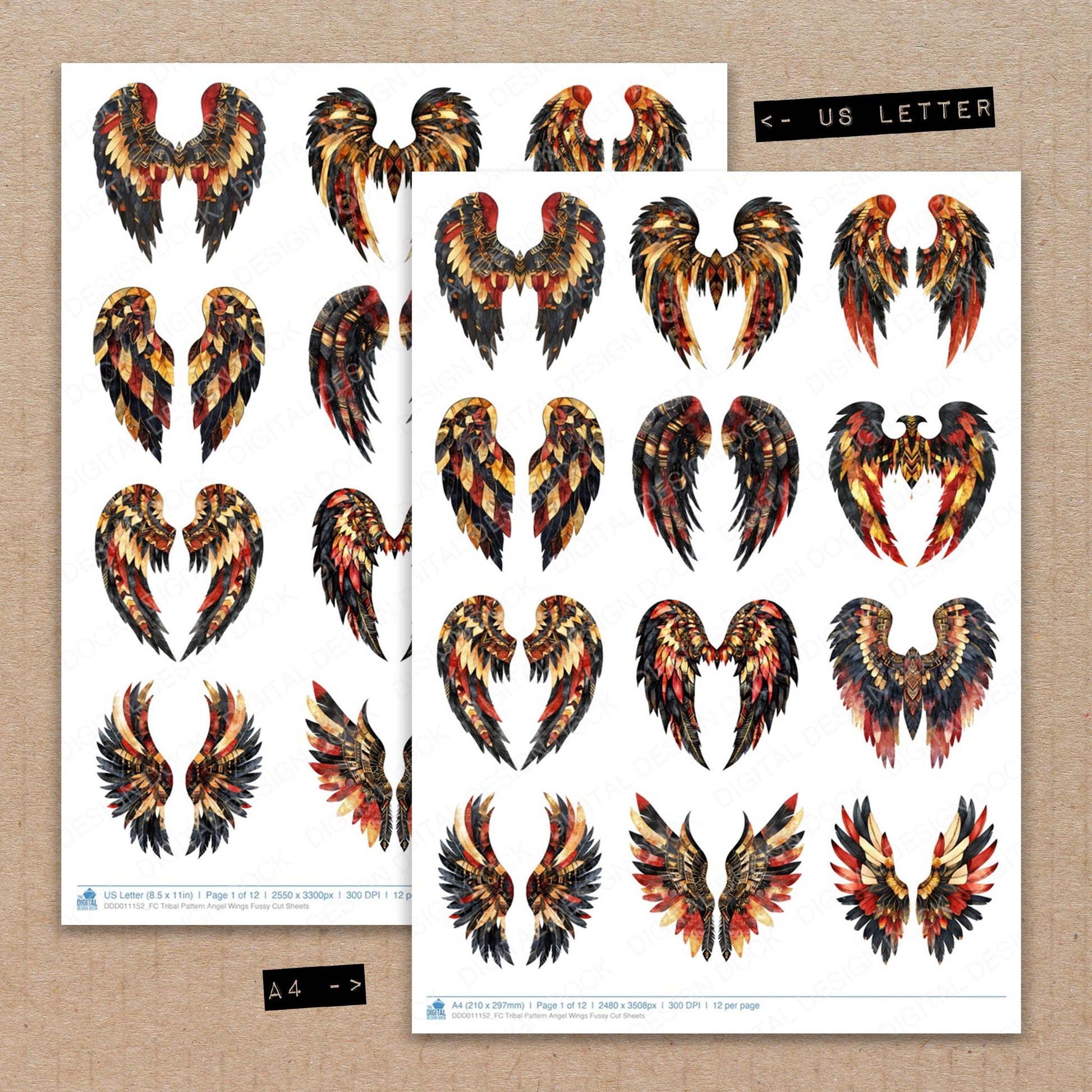 A4 and US Letter format comparison showing Tribal Pattern Angel Wings fussy cut pages for print and cut crafting