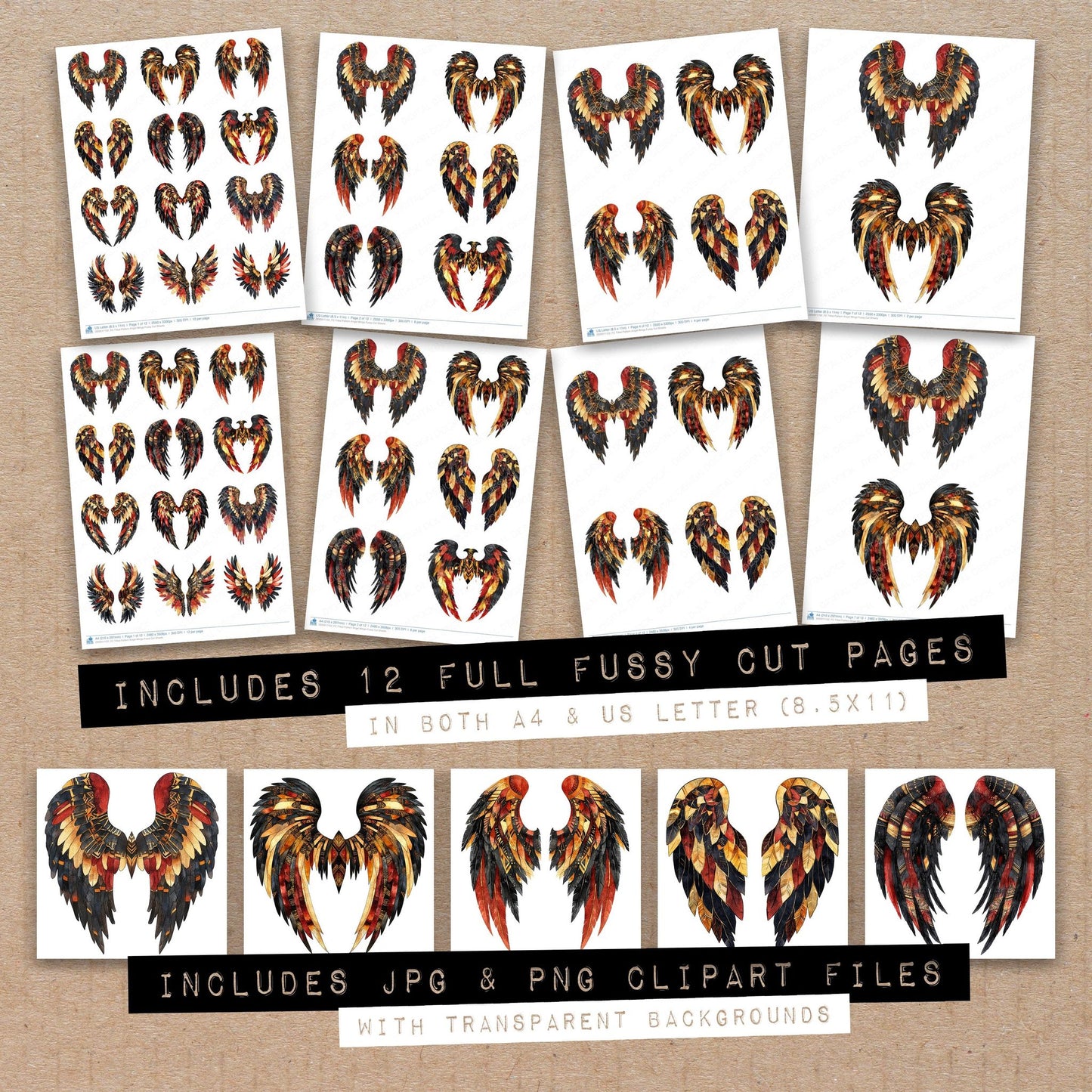 Full collection view of Tribal Pattern Angel Wings fussy cut sheets with bonus clipart JPG and PNG files