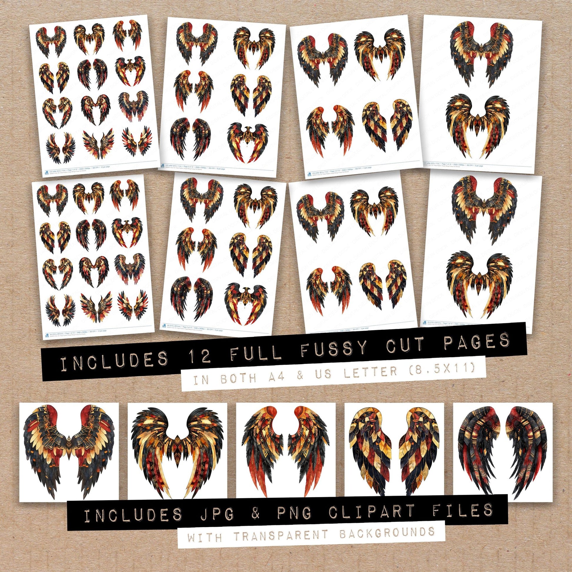 Full collection view of Tribal Pattern Angel Wings fussy cut sheets with bonus clipart JPG and PNG files