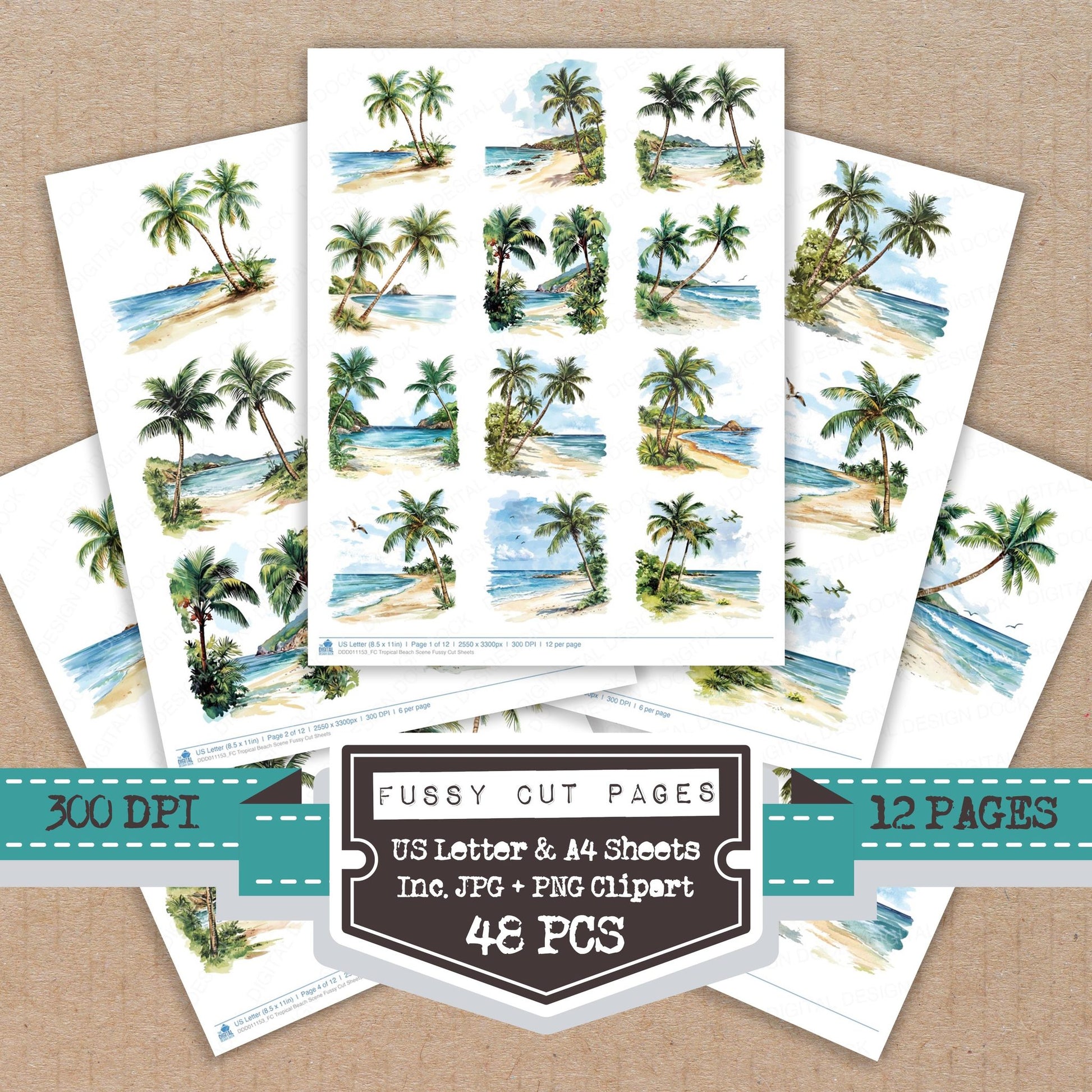 Tropical Beach Scene fussy cut printable sheets for junk journaling, scrapbooking, and paper craft projects