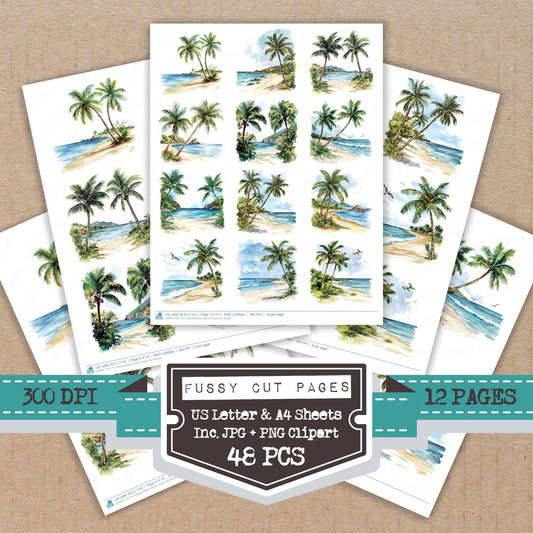 Tropical Beach Scene fussy cut printable sheets for junk journaling, scrapbooking, and paper craft projects