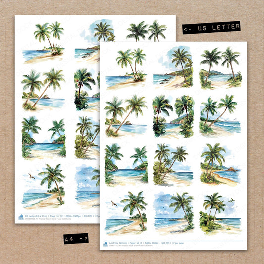 A4 and US Letter format comparison showing Tropical Beach Scene fussy cut pages for print and cut crafting
