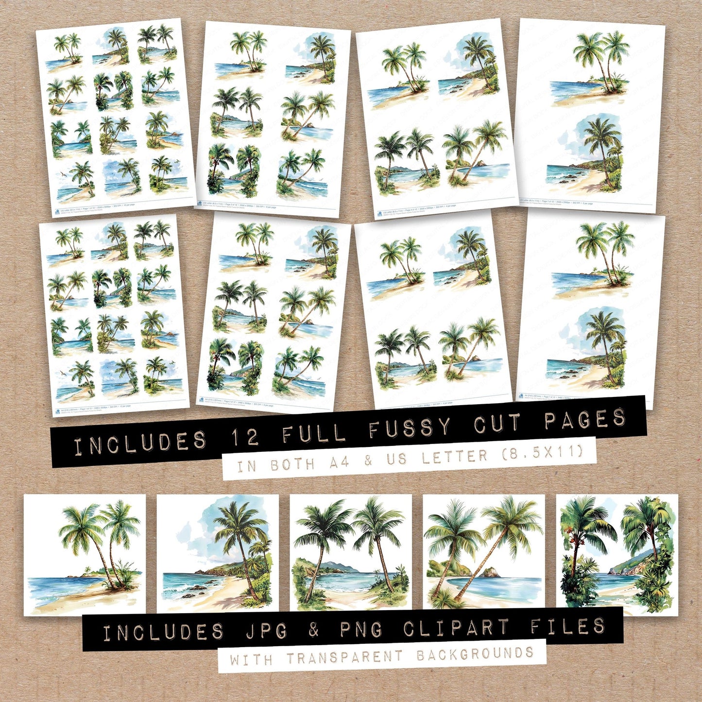 Full collection view of Tropical Beach Scene fussy cut sheets with bonus clipart JPG and PNG files