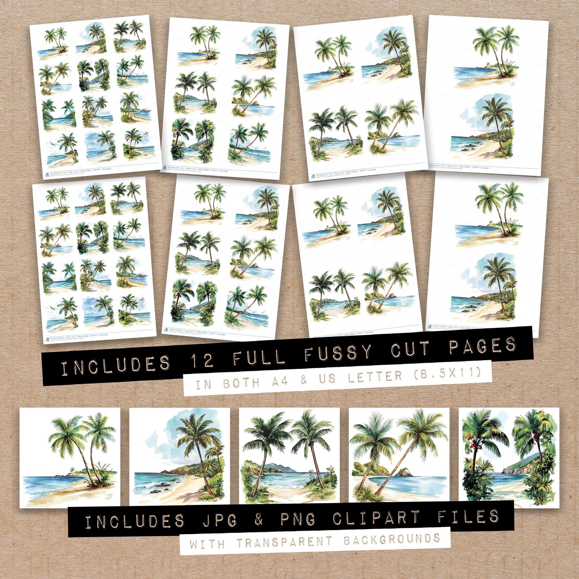 Full collection view of Tropical Beach Scene fussy cut sheets with bonus clipart JPG and PNG files