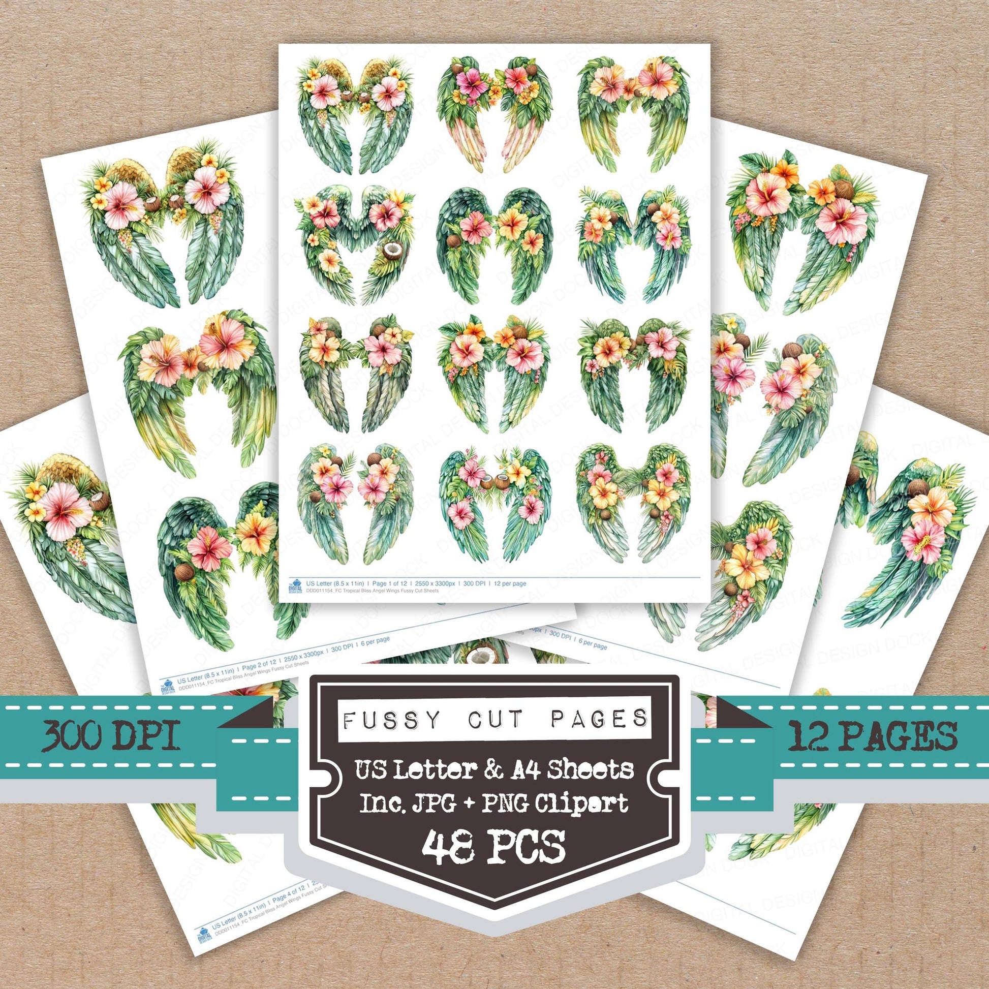 Tropical Bliss Angel Wings fussy cut printable sheets for junk journaling, scrapbooking, and paper craft projects