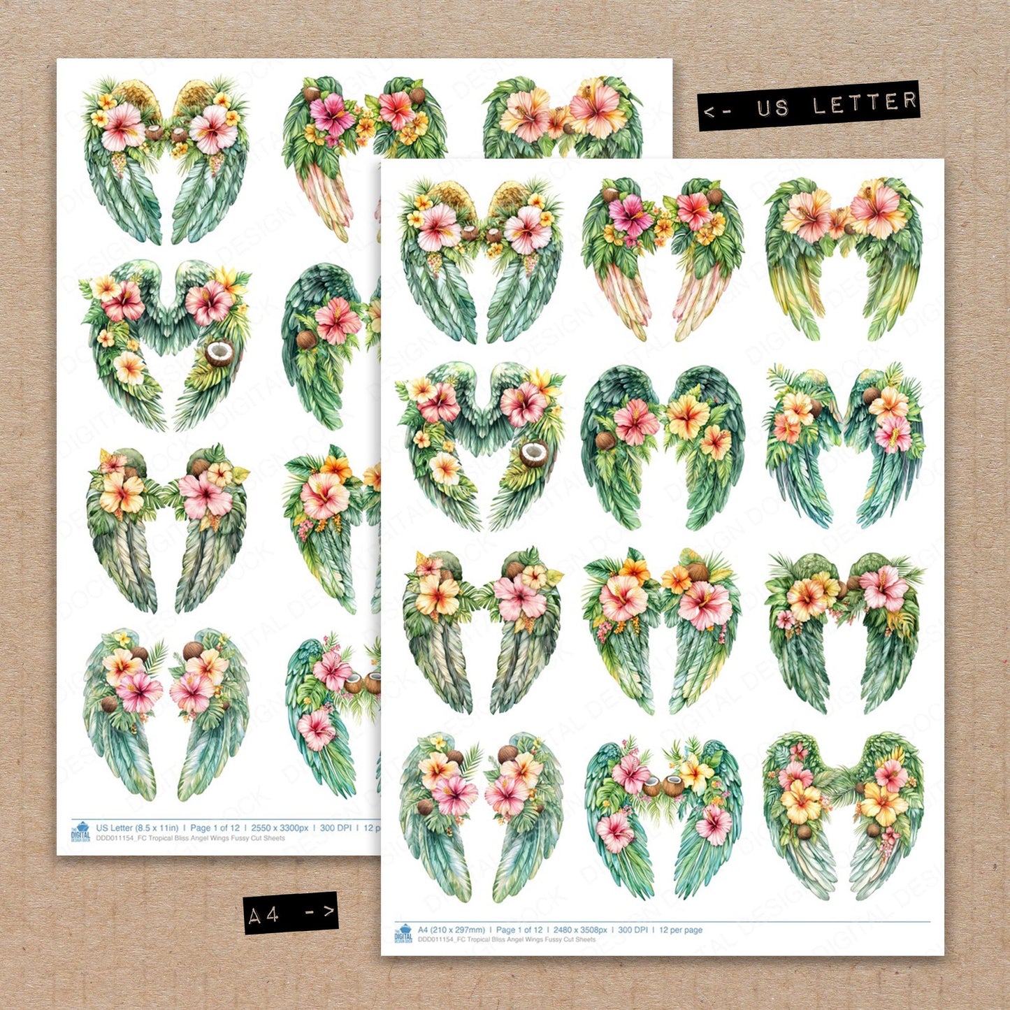 A4 and US Letter format comparison showing Tropical Bliss Angel Wings fussy cut pages for print and cut crafting