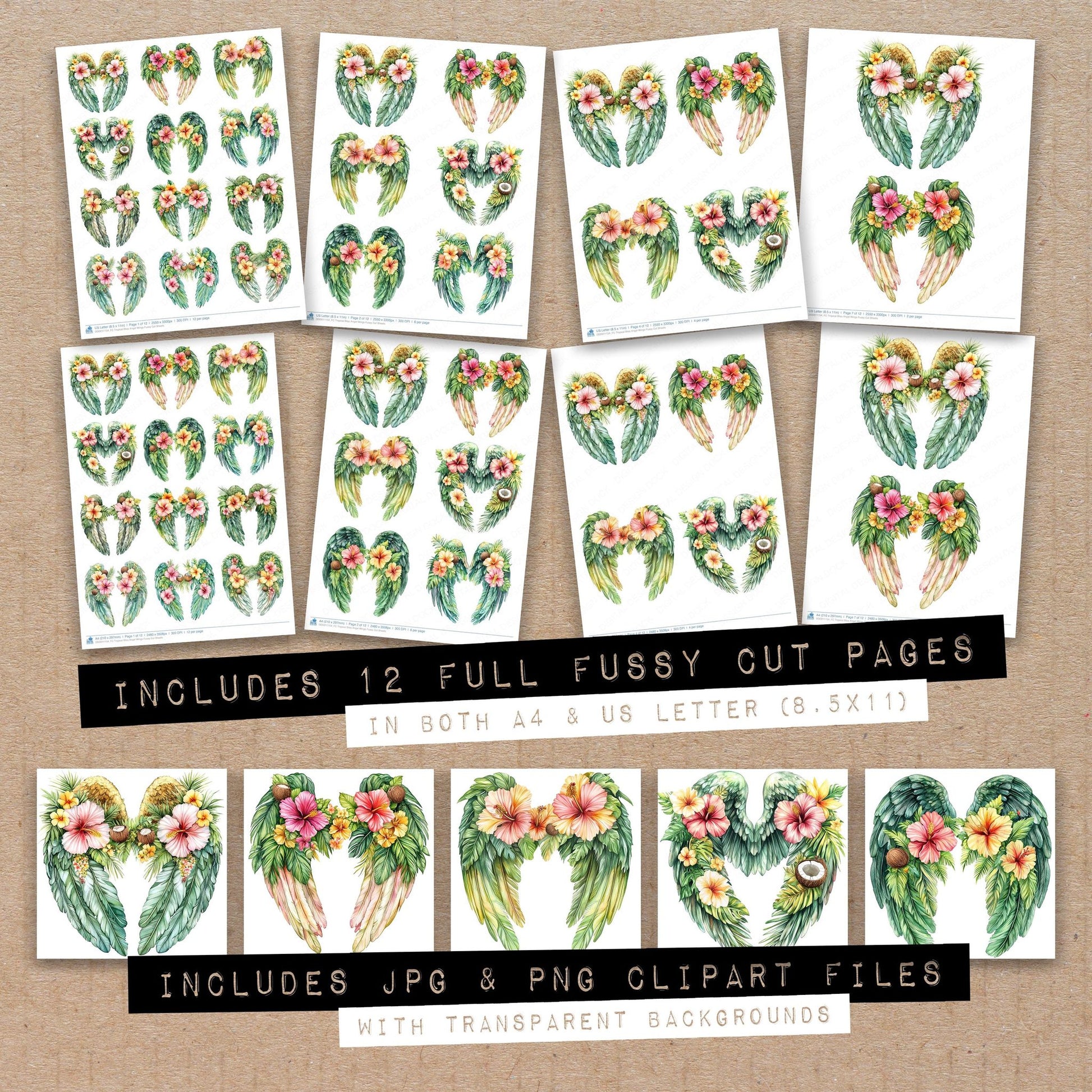 Full collection view of Tropical Bliss Angel Wings fussy cut sheets with bonus clipart JPG and PNG files
