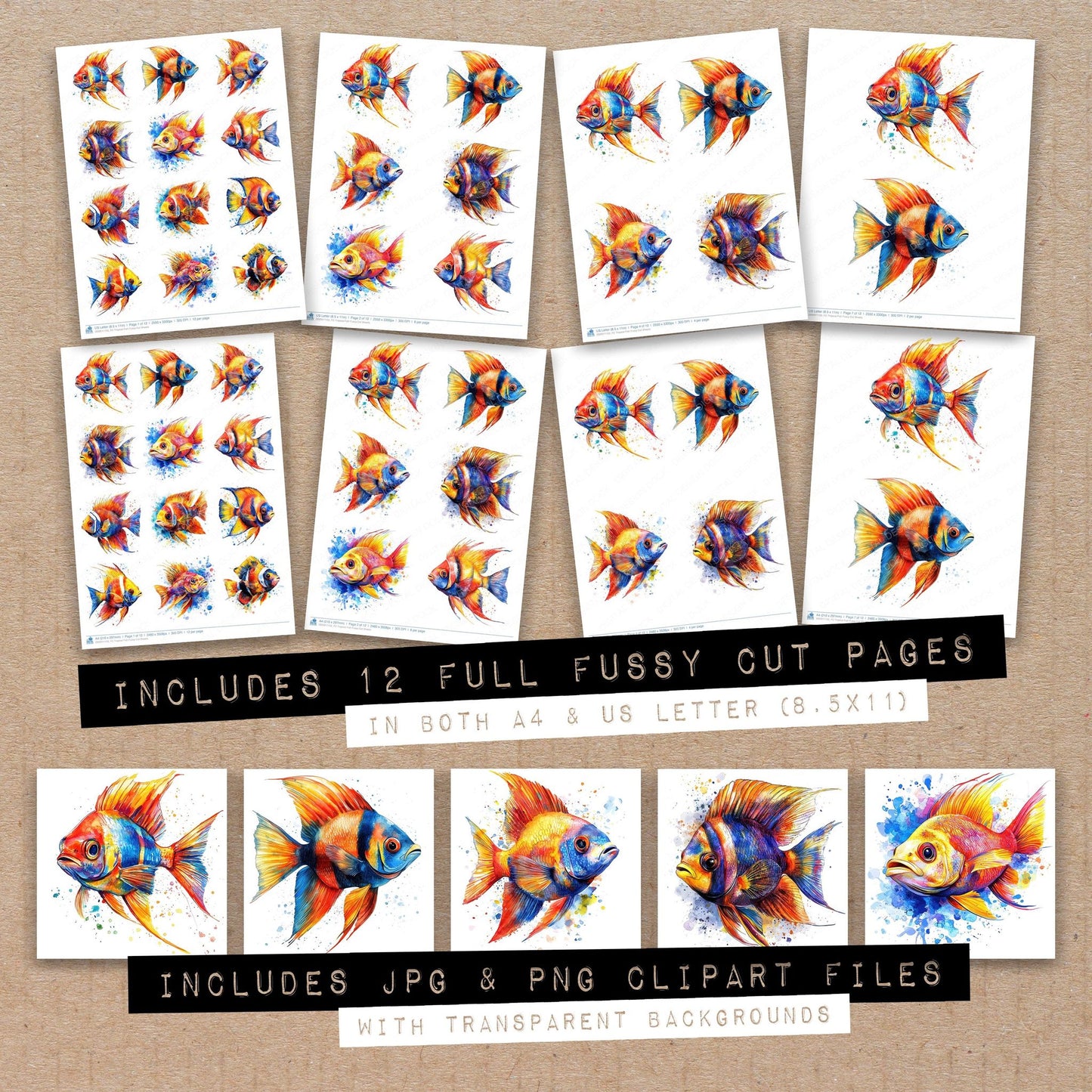 Full collection view of Tropical Fish fussy cut sheets with bonus clipart JPG and PNG files