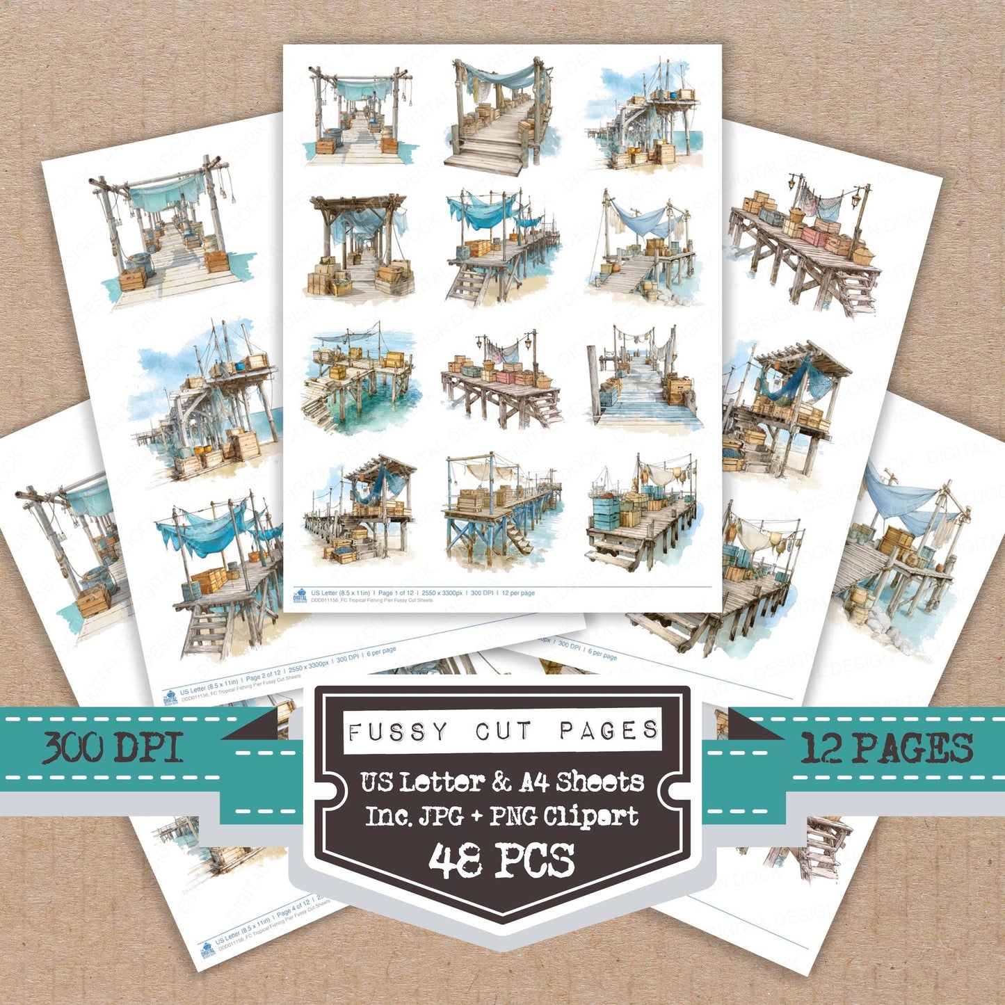 Tropical Fishing Pier fussy cut printable sheets for junk journaling, scrapbooking, and paper craft projects