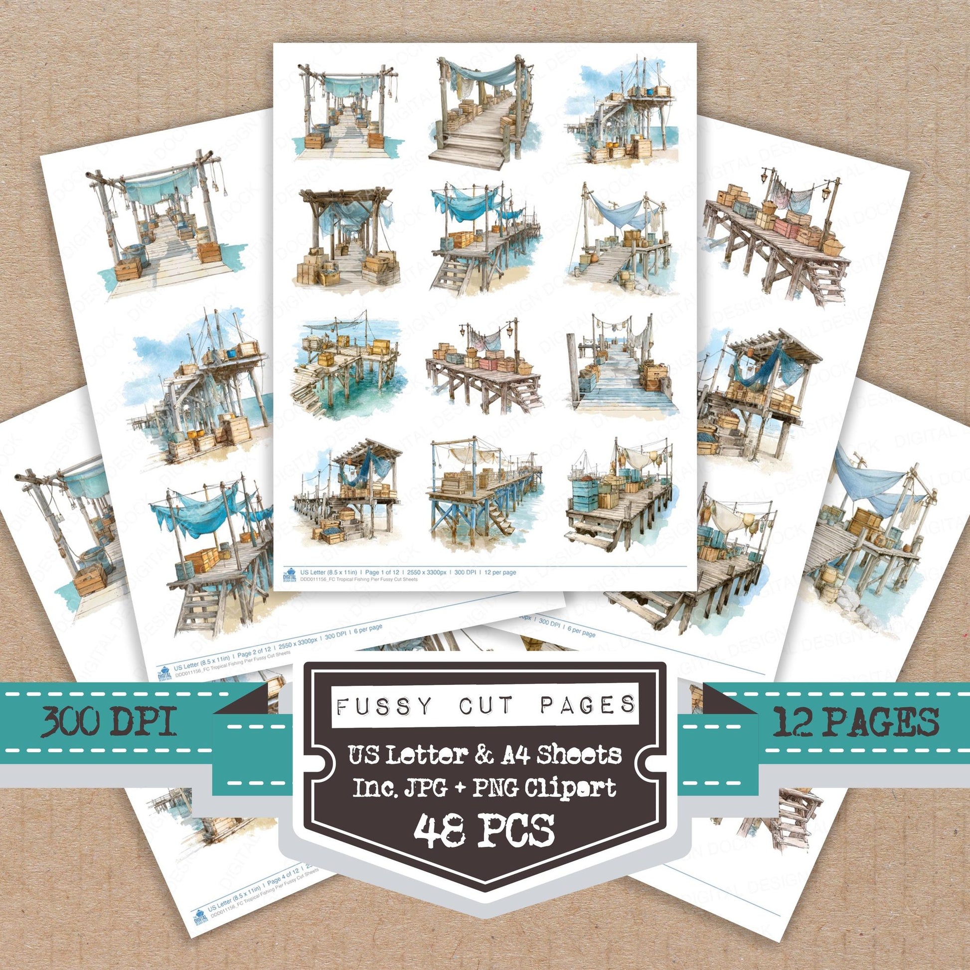 Tropical Fishing Pier fussy cut printable sheets for junk journaling, scrapbooking, and paper craft projects