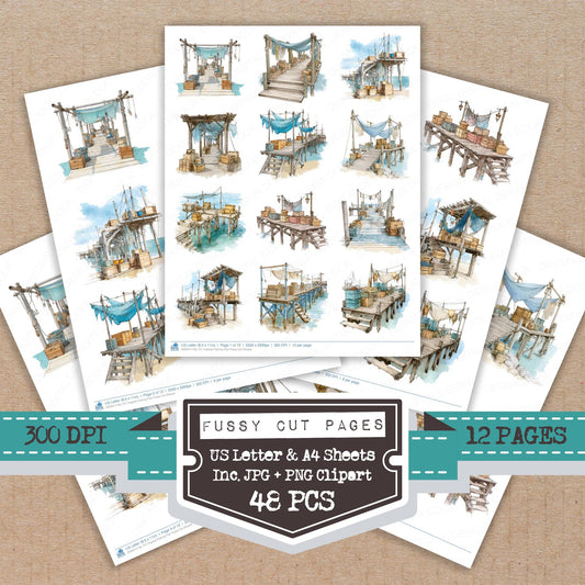 Tropical Fishing Pier fussy cut printable sheets for junk journaling, scrapbooking, and paper craft projects