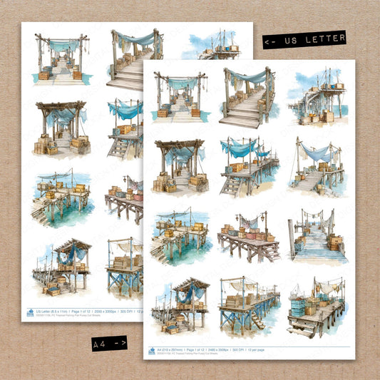 A4 and US Letter format comparison showing Tropical Fishing Pier fussy cut pages for print and cut crafting