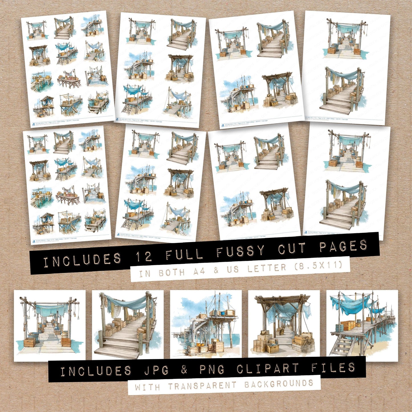 Full collection view of Tropical Fishing Pier fussy cut sheets with bonus clipart JPG and PNG files