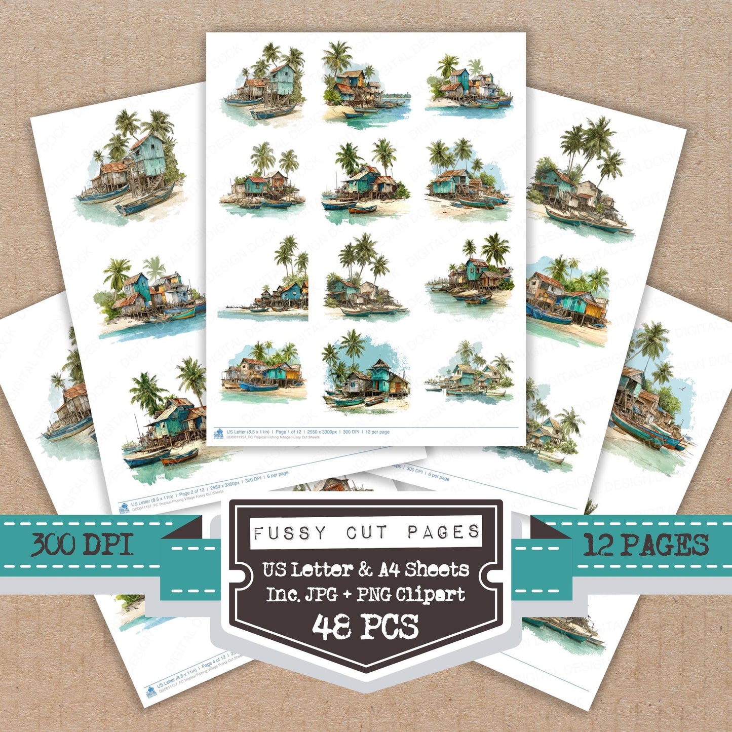 Tropical Fishing Village fussy cut printable sheets for junk journaling, scrapbooking, and paper craft projects