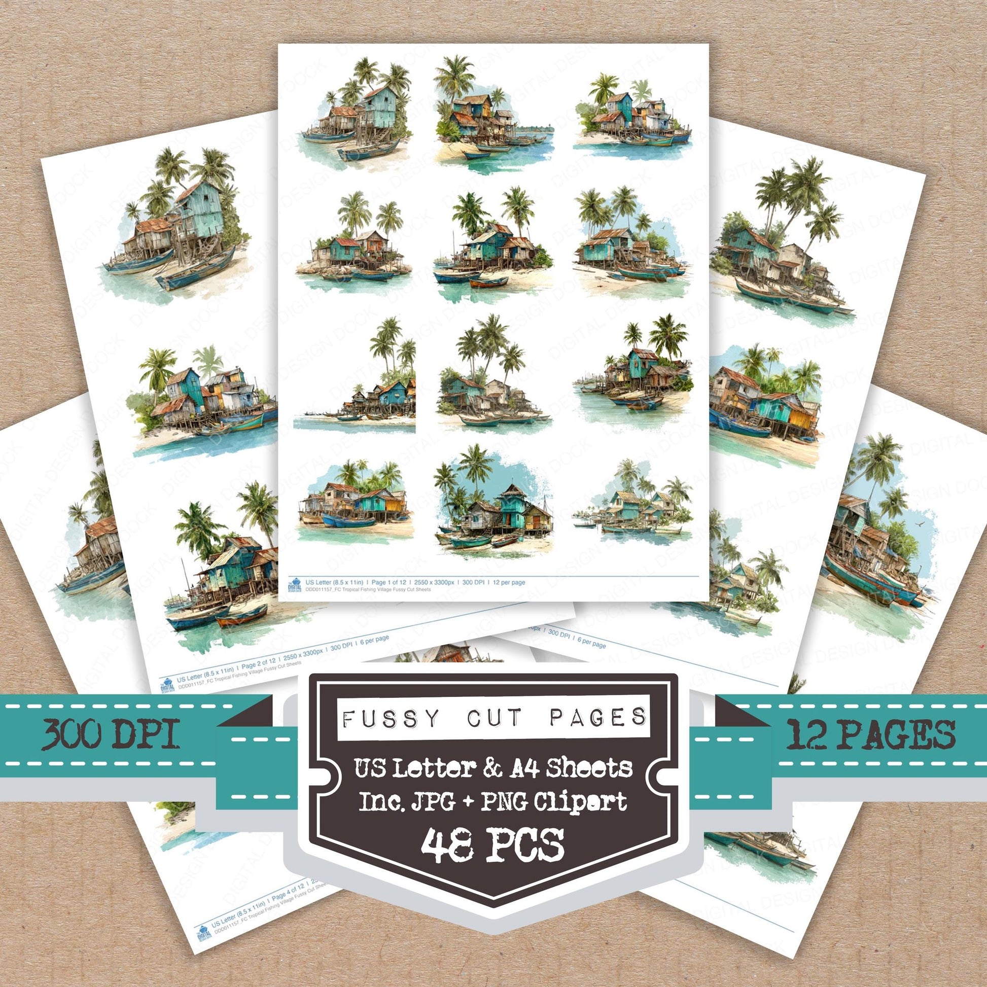 Tropical Fishing Village fussy cut printable sheets for junk journaling, scrapbooking, and paper craft projects
