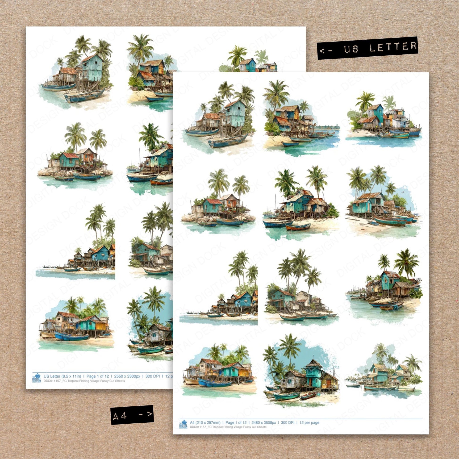 A4 and US Letter format comparison showing Tropical Fishing Village fussy cut pages for print and cut crafting