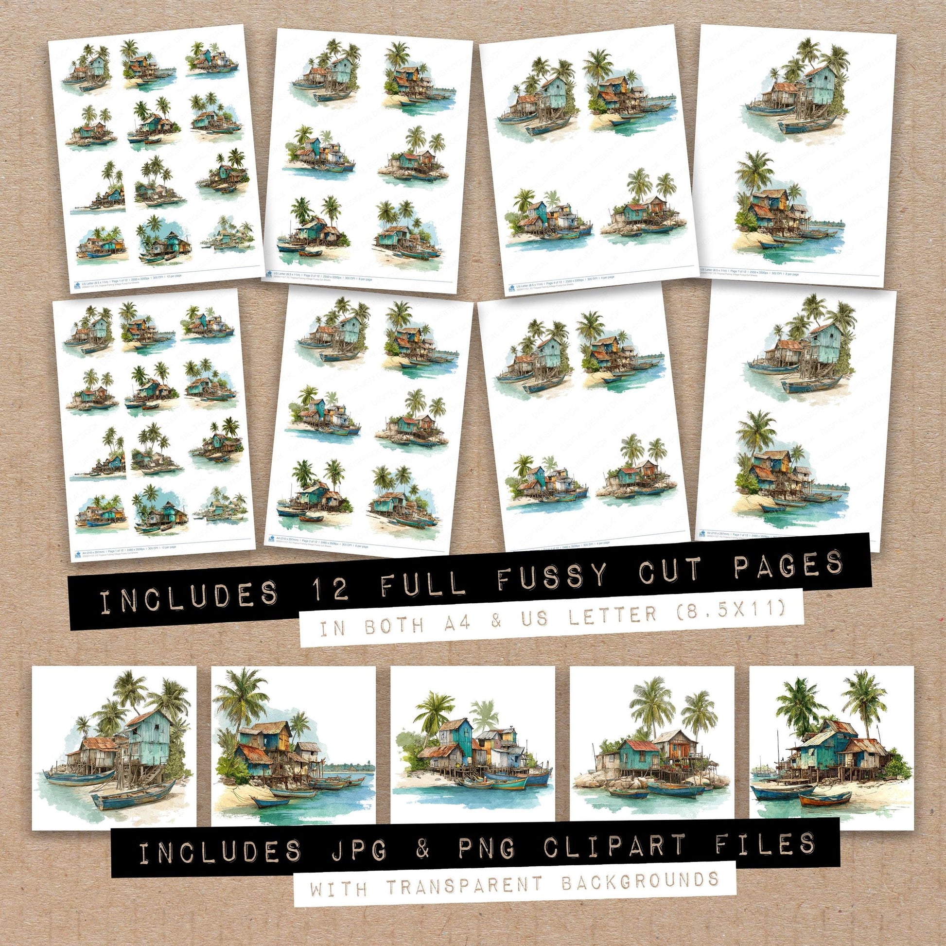 Full collection view of Tropical Fishing Village fussy cut sheets with bonus clipart JPG and PNG files